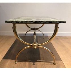 Table Basse Néoclassique en Laiton à Plateau de Marbre Vert par Raymond Subes, Travail Français, Vers 1940
