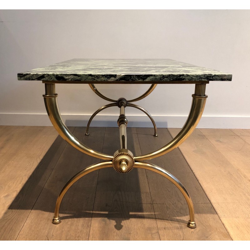 Neoclassical Brass Coffee Table with Green Marble Top by Raymond Subes, French Work, Circa 1940