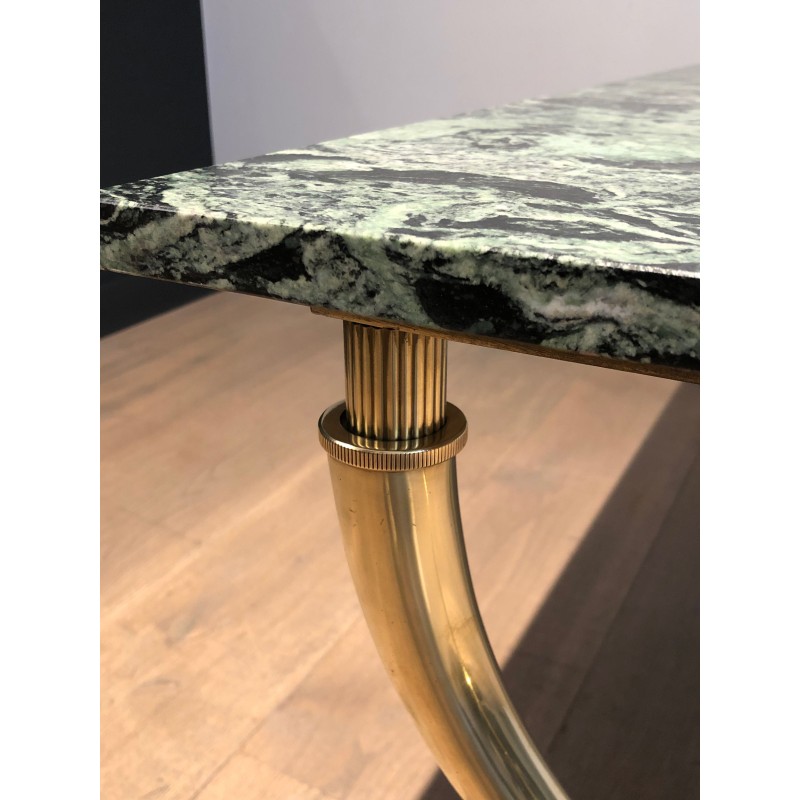Neoclassical Brass Coffee Table with Green Marble Top by Raymond Subes, French Work, Circa 1940
