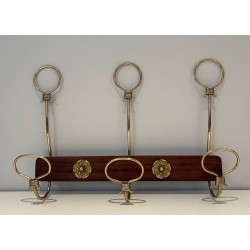 Mahogany and Brass Wall-Mounted Coat Rack, French Work, Circa 1940