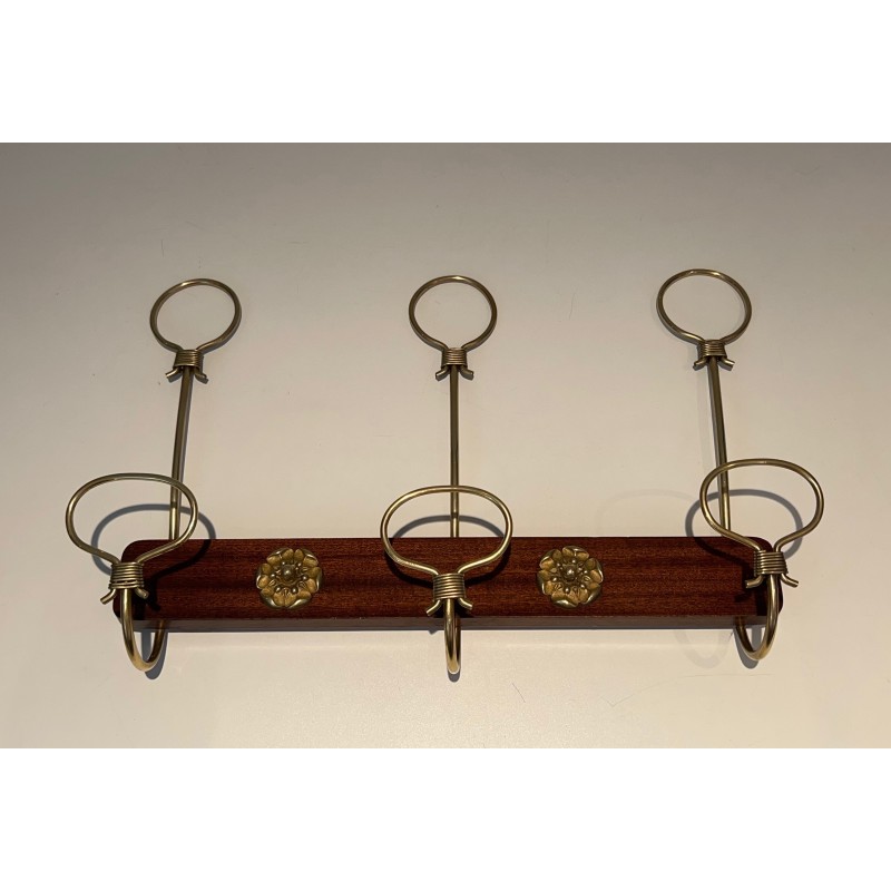 Mahogany and Brass Wall-Mounted Coat Rack, French Work, Circa 1940