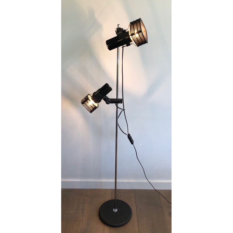 Lampadaire Chrome et Laqué Noir à Réflecteurs Réglables, Travail Français, vers 1980 | Maison BARROIS