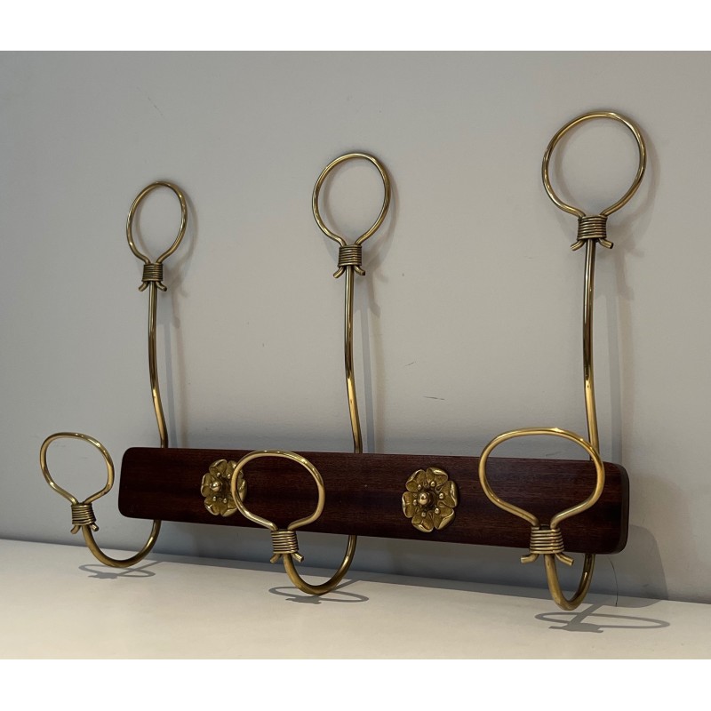 Mahogany and Brass Wall-Mounted Coat Rack, French Work, Circa 1940