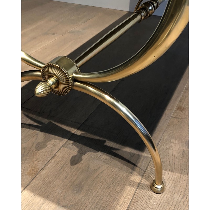 Table Basse Néoclassique en Laiton à Plateau de Marbre Vert par Raymond Subes, Travail Français, Vers 1940