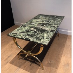 Neoclassical Brass Coffee Table with Green Marble Top by Raymond Subes, French Work, Circa 1940