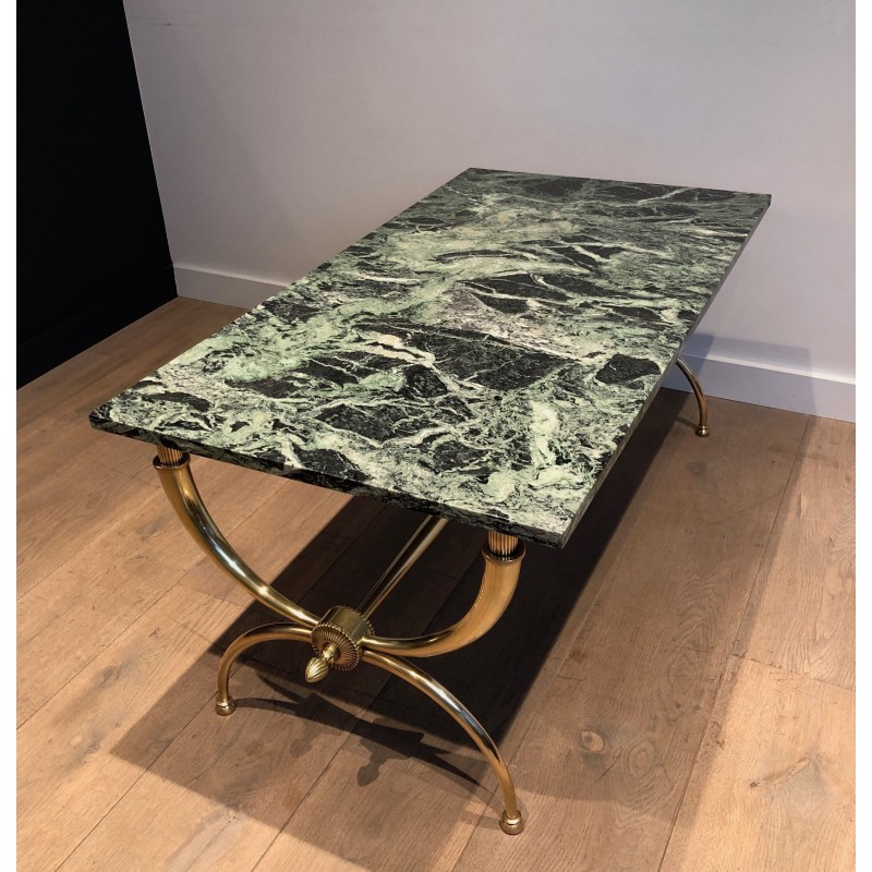Neoclassical Brass Coffee Table with Green Marble Top by Raymond Subes, French Work, Circa 1940