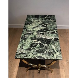 Table Basse Néoclassique en Laiton à Plateau de Marbre Vert par Raymond Subes, Travail Français, Vers 1940