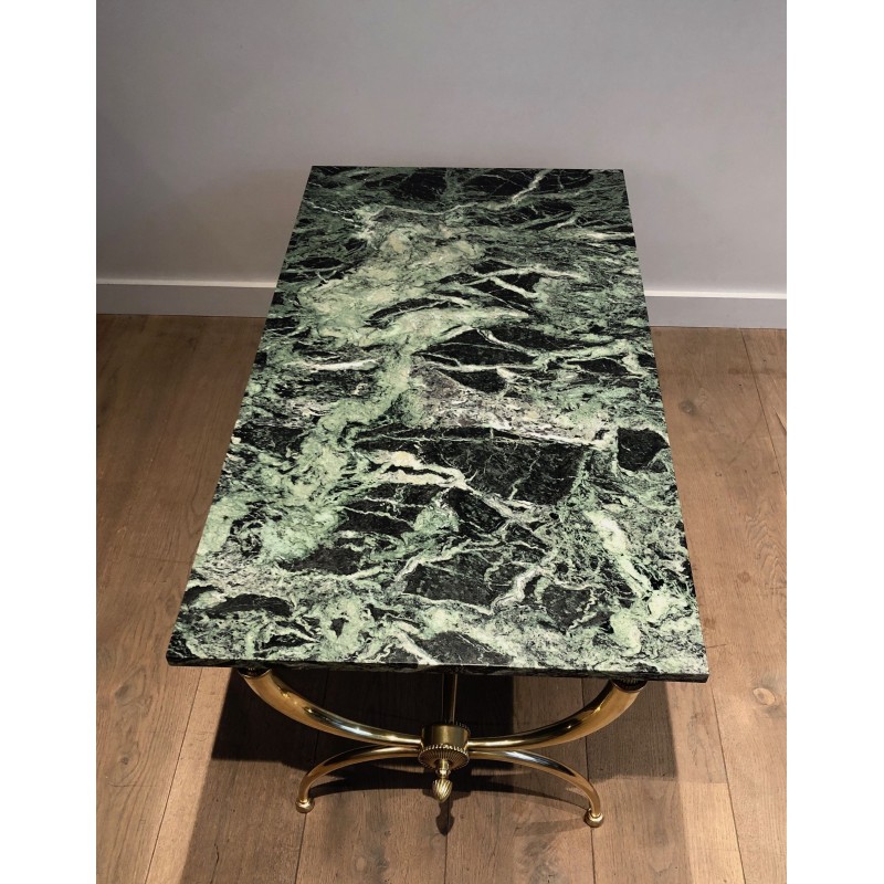 Table Basse Néoclassique en Laiton à Plateau de Marbre Vert par Raymond Subes, Travail Français, Vers 1940
