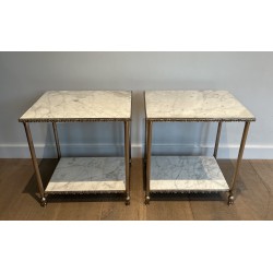 Paire de Bouts de Canapé Argentés à Plateaux de Marbre de Carrare Dans le Goût de la Maison Jansen