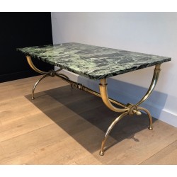 Table Basse Néoclassique en Laiton à Plateau de Marbre Vert par Raymond Subes, Travail Français, Vers 1940