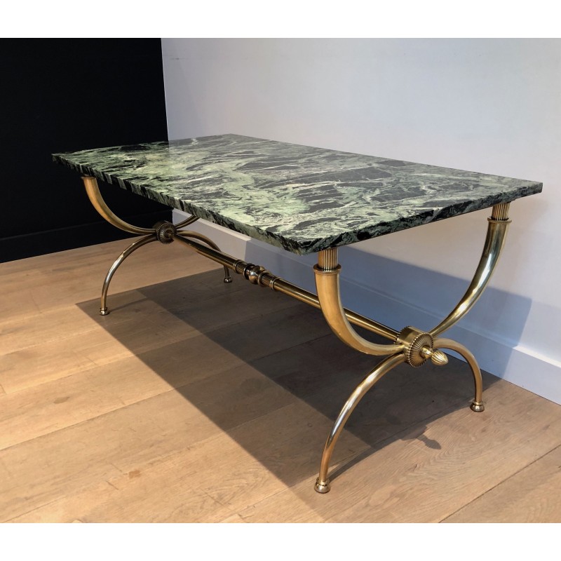 Neoclassical Brass Coffee Table with Green Marble Top by Raymond Subes, French Work, Circa 1940