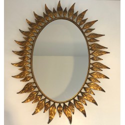 Gilt Metal Oval Sunburst Mirror, French Work, Circa 1970