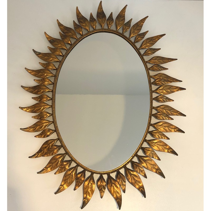 Miroir Soleil Ovale en Métal Doré, Travail Français, Vers 1970