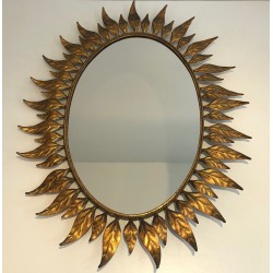Miroir Soleil Ovale en Métal Doré, Travail Français, Vers 1970