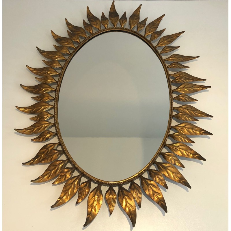 Gilt Metal Oval Sunburst Mirror, French Work, Circa 1970