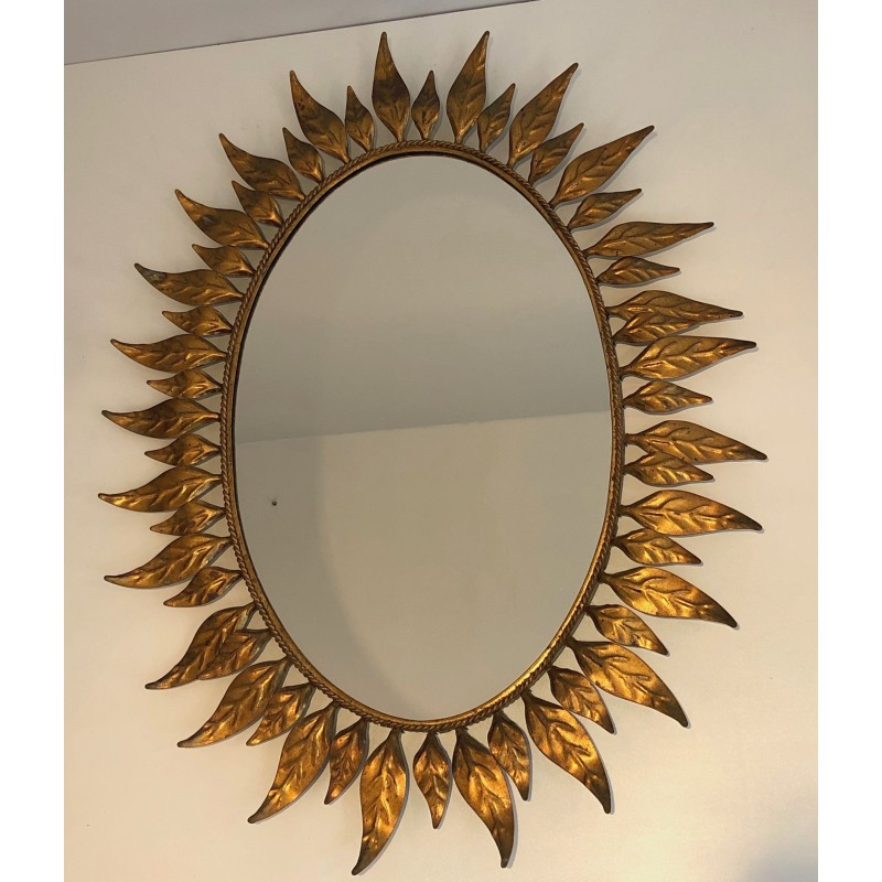 Miroir Soleil Ovale en Métal Doré, Travail Français, Vers 1970