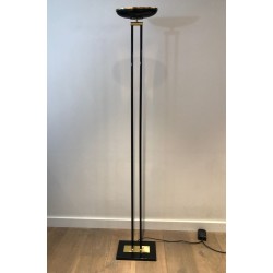 Black Lacquered Metal and Brass Halogen Floor Lamp, French Work, circa 1970 | Maison BARROIS