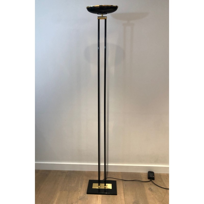 Black Lacquered Metal and Brass Halogen Floor Lamp, French Work, circa 1970 | Maison BARROIS