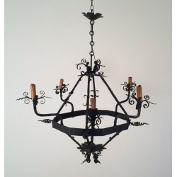 Lustre en Fer Forgé à Cinq Lumières, Travail Français, Vers 1940