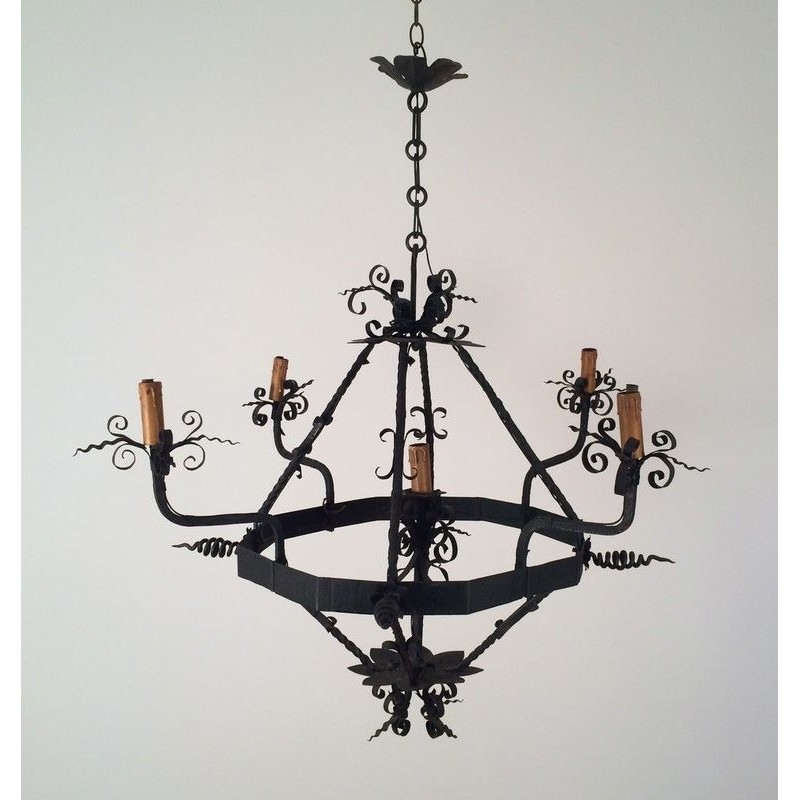 Lustre en Fer Forgé à Cinq Lumières, Travail Français, Vers 1940