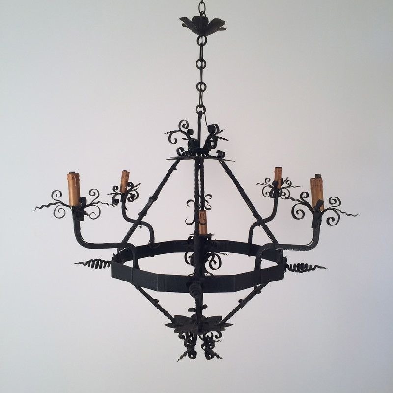 Wrought Iron Chandelier with Five Lights, French Work, Circa 1940