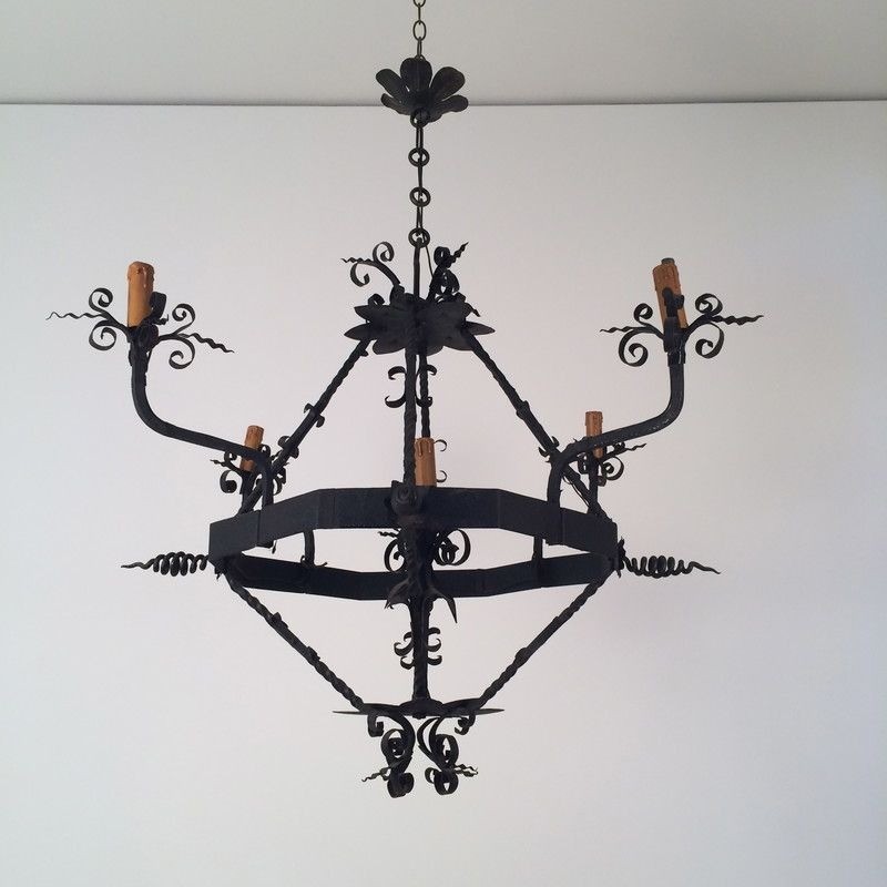 Wrought Iron Chandelier with Five Lights, French Work, Circa 1940