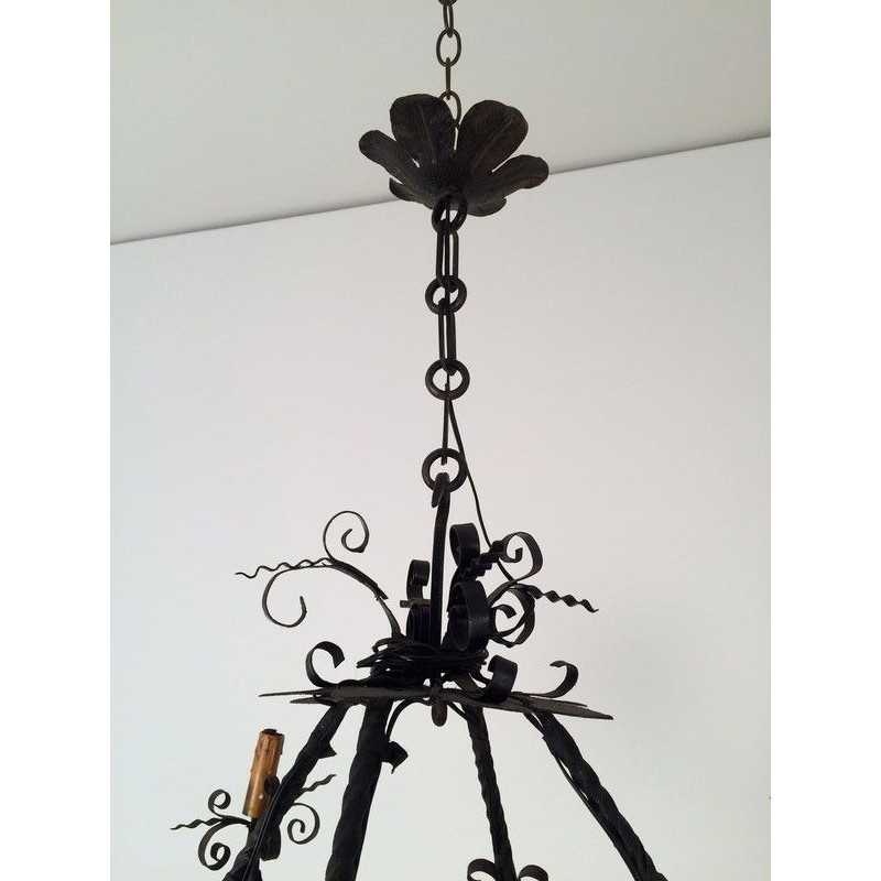 Wrought Iron Chandelier with Five Lights, French Work, Circa 1940