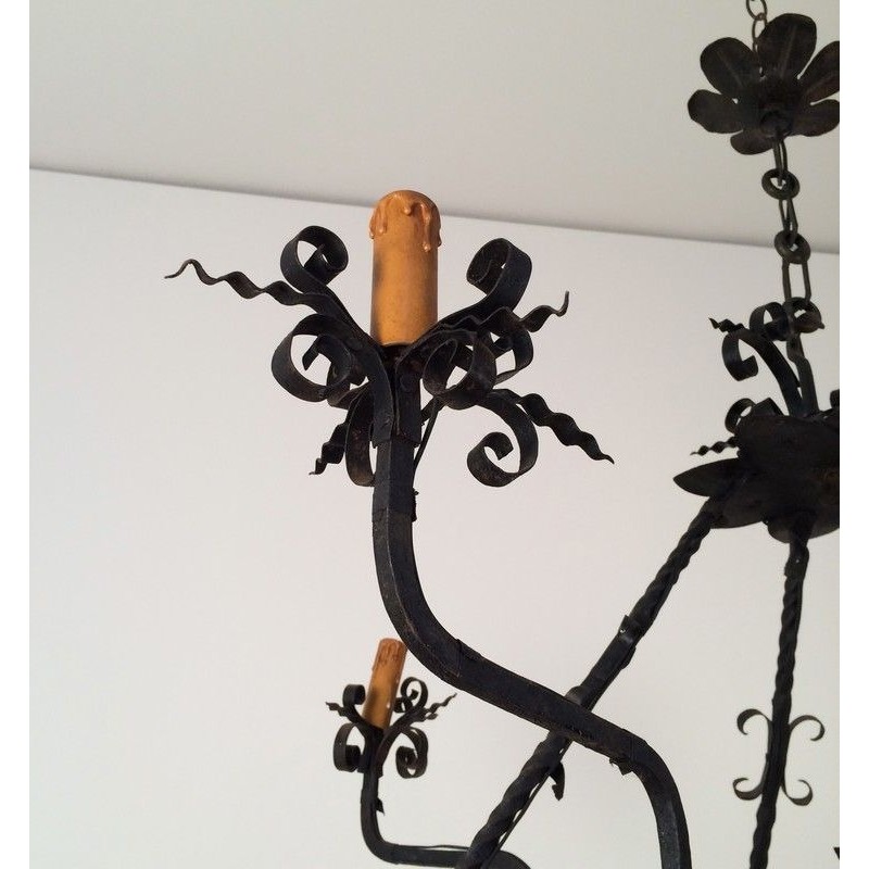 Wrought Iron Chandelier with Five Lights, French Work, Circa 1940