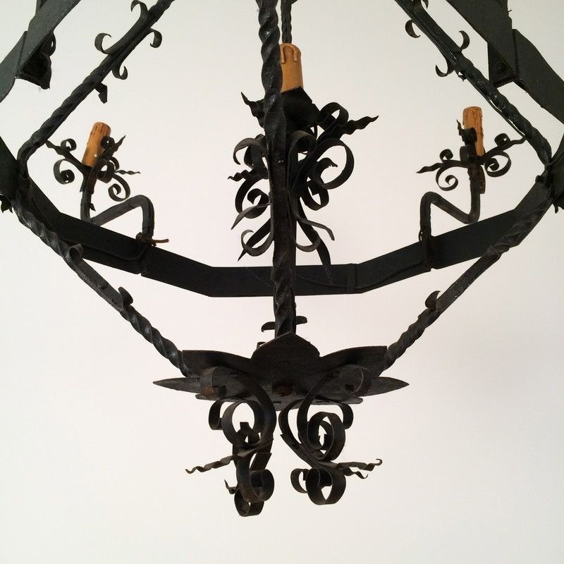 Wrought Iron Chandelier with Five Lights, French Work, Circa 1940