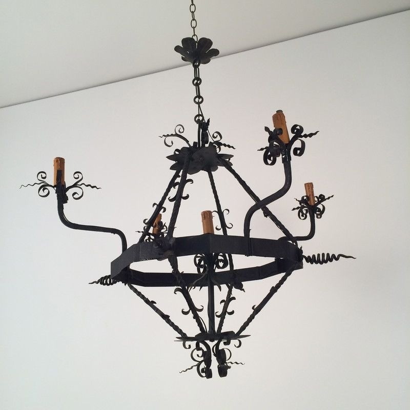 Wrought Iron Chandelier with Five Lights, French Work, Circa 1940