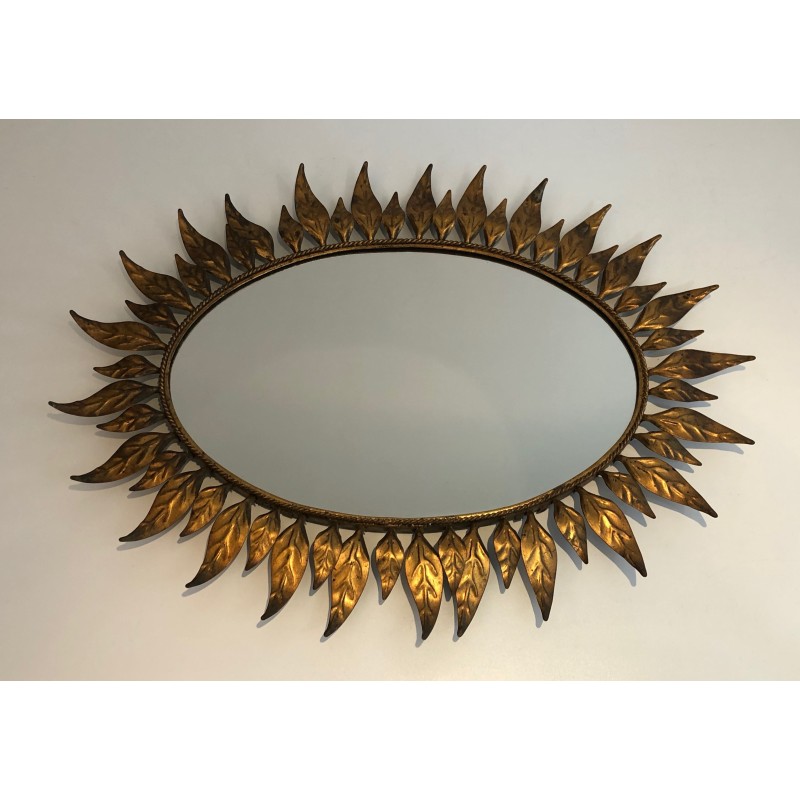 Gilt Metal Oval Sunburst Mirror, French Work, Circa 1970