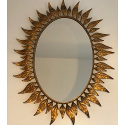 Miroir Soleil Ovale en Métal Doré, Travail Français, Vers 1970