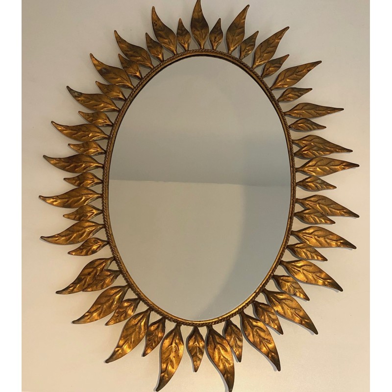 Miroir Soleil Ovale en Métal Doré, Travail Français, Vers 1970