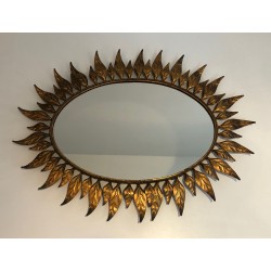 Gilt Metal Oval Sunburst Mirror, French Work, Circa 1970