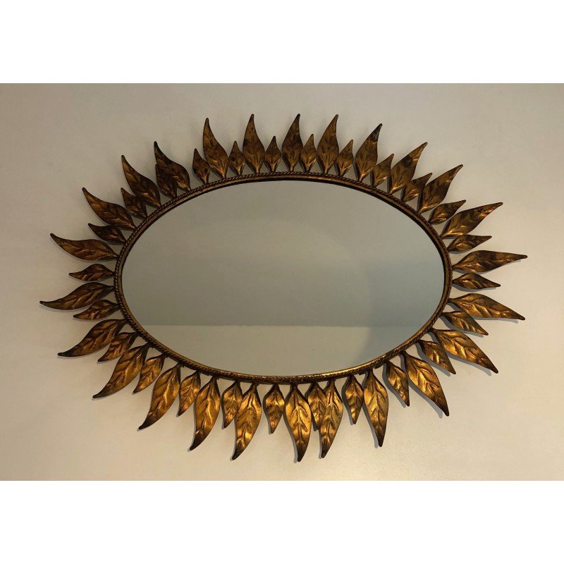 Gilt Metal Oval Sunburst Mirror, French Work, Circa 1970
