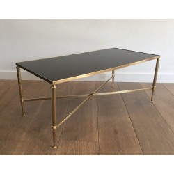 Neoclassical Brass Coffee Table with Fluted Legs, in the Style of Maison Jansen, French Work, Circa 1970