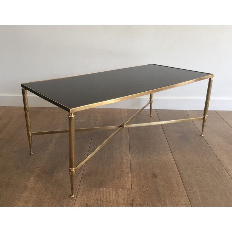 Table Basse Néoclassique en Laiton à Piètement Cannelé dans le Goût de la Maison Jansen, Travail Français, Vers 1970