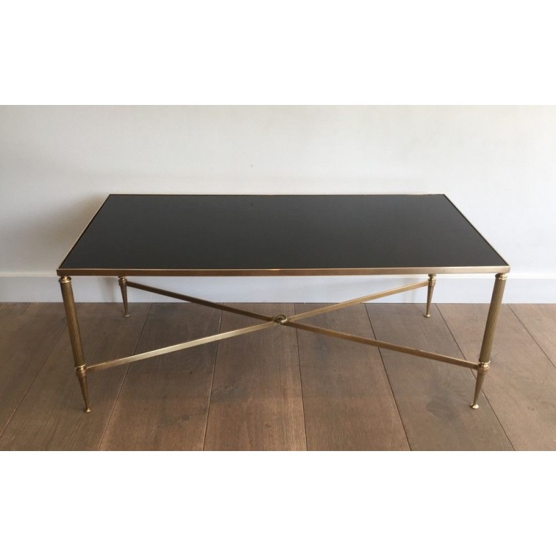 Table Basse Néoclassique en Laiton à Piètement Cannelé dans le Goût de la Maison Jansen, Travail Français, Vers 1970