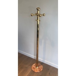 Brass Coat Rack on Round Marble Base, French Work, Circa 1970