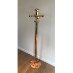 Brass Coat Rack on Round Marble Base, French Work, Circa 1970