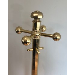 Porte-Manteaux en Laiton sur Socle Rond en Marbre, Travail Français, Vers 1970