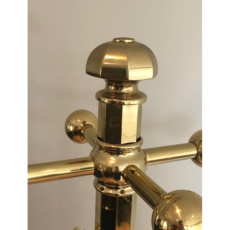 Brass Coat Rack on Round Marble Base, French Work, Circa 1970