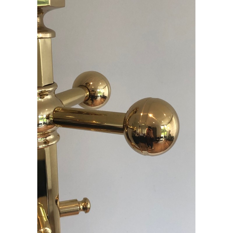 Brass Coat Rack on Round Marble Base, French Work, Circa 1970