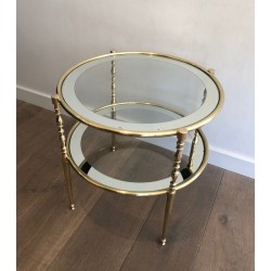 Petit Guéridon Rond en Laiton à Plateaux de Verre Entourés de Miroir Argenté