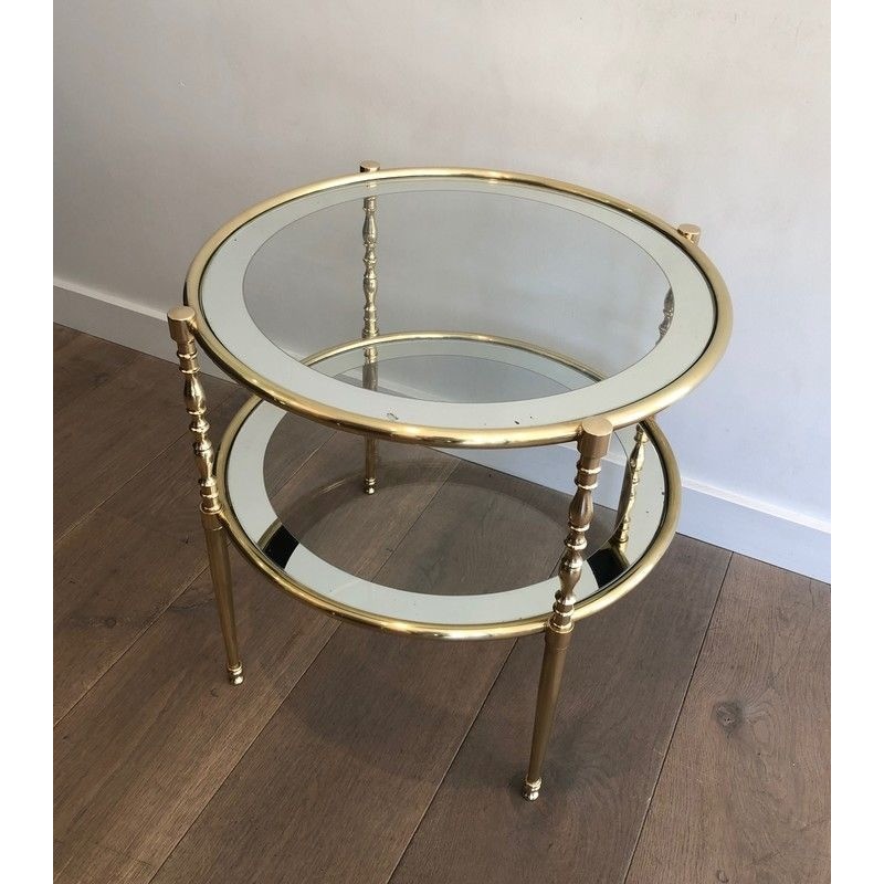 Petit Guéridon Rond en Laiton à Plateaux de Verre Entourés de Miroir Argenté