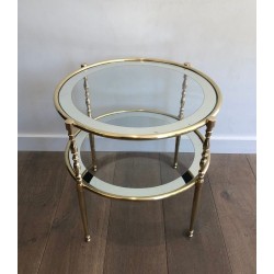 Petit Guéridon Rond en Laiton à Plateaux de Verre Entourés de Miroir Argenté