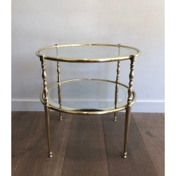 Round Brass Side Table with Glass and Silvered Mirror Shelves, French Work, Circa 1970