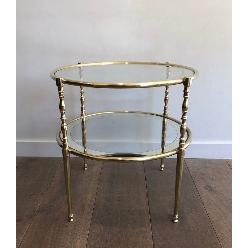 Round Brass Side Table with Glass and Silvered Mirror Shelves, French Work, Circa 1970