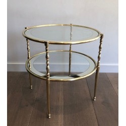 Round Brass Side Table with Glass and Silvered Mirror Shelves, French Work, Circa 1970