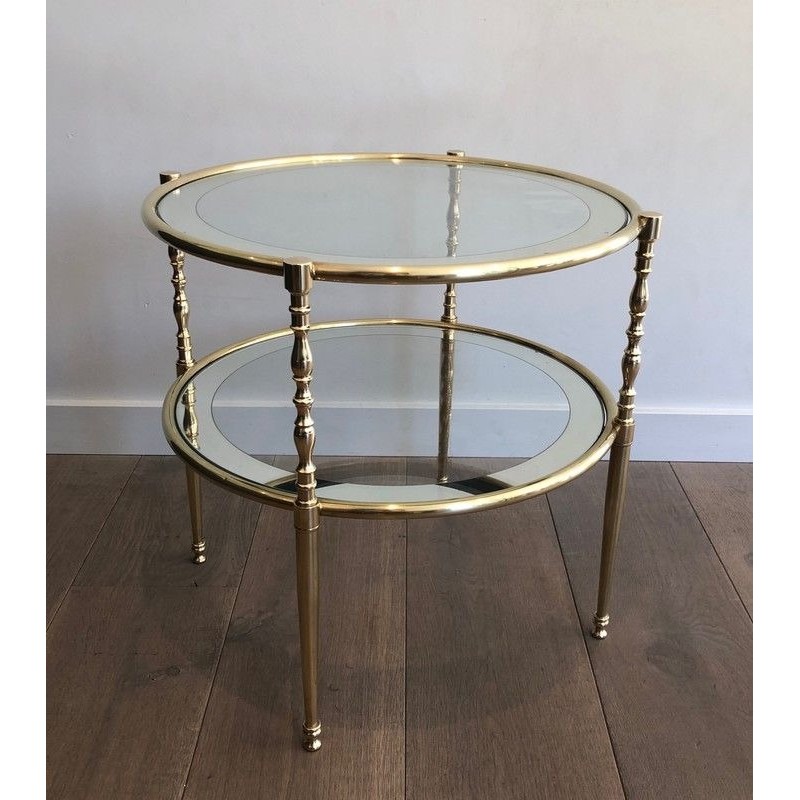 Round Brass Side Table with Glass and Silvered Mirror Shelves, French Work, Circa 1970